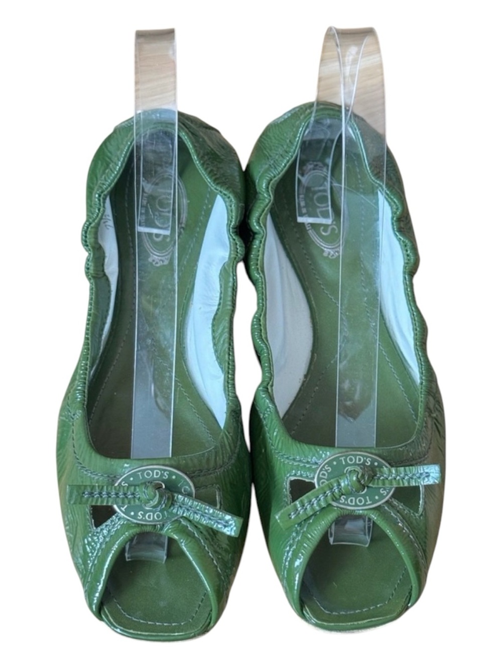 Tod's Olive Green Peep-Toe Leather Ballet Flats with Bow